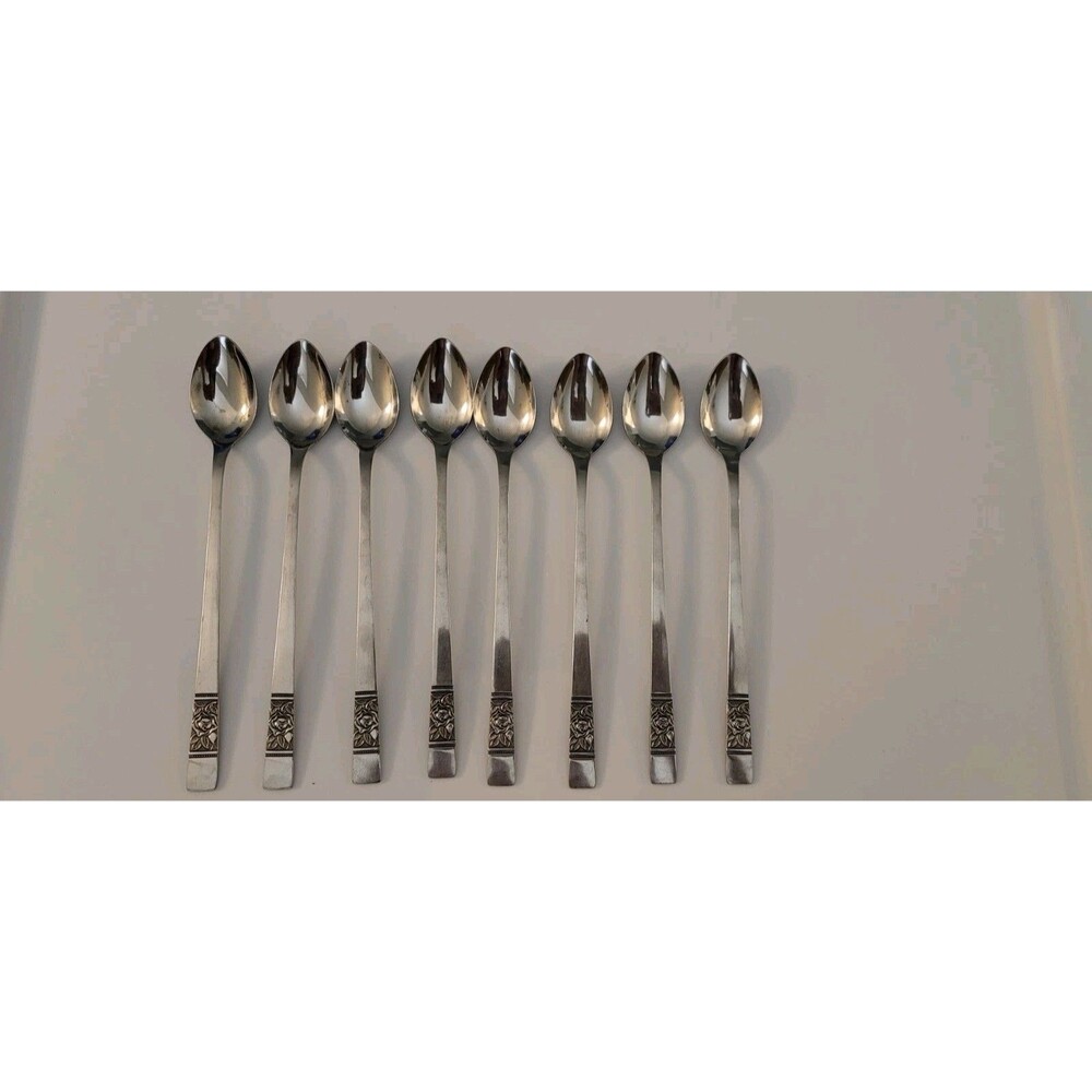 Set of 8 VTG National Stainless Laureen Rose Iced Teaspoons Stainless 7 3/8"